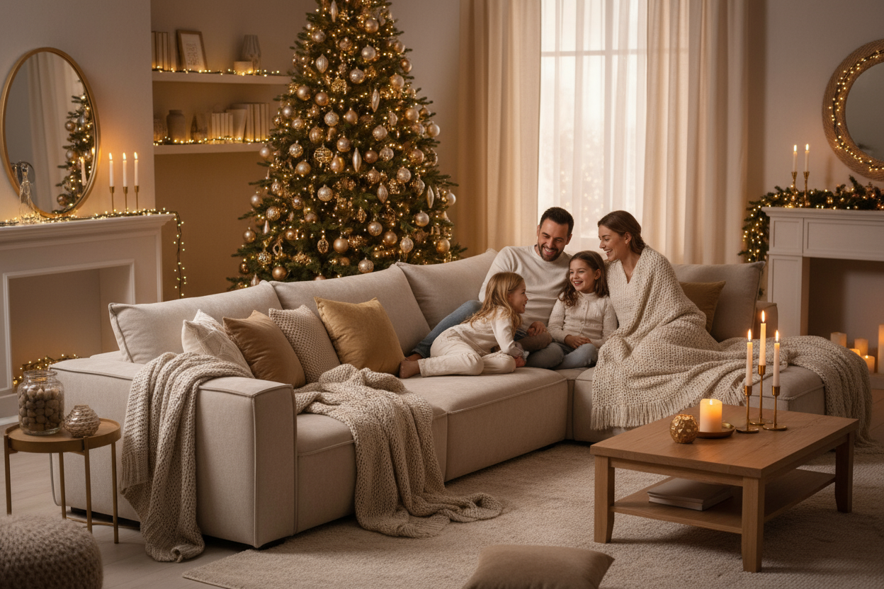 Cozy modern living room with a soft glow, family sitting on a couch with warm lights, Christmas tree in background, neutral beige and gold tones, cozy home aesthetic.