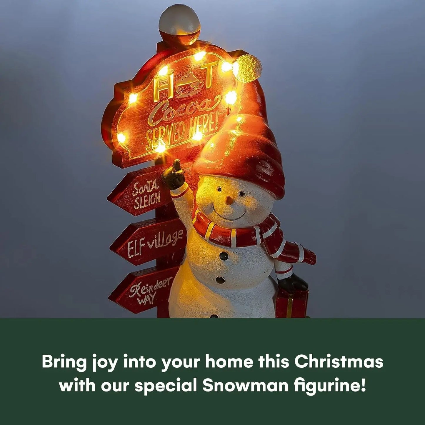 Christmas Snowman Decor with Hot Cocoa Signpost Christmas Figurines Resin Snowman Lighted Decorations LED Holiday Light up Snowman Indoor Festive Fiber Optic Decorations
