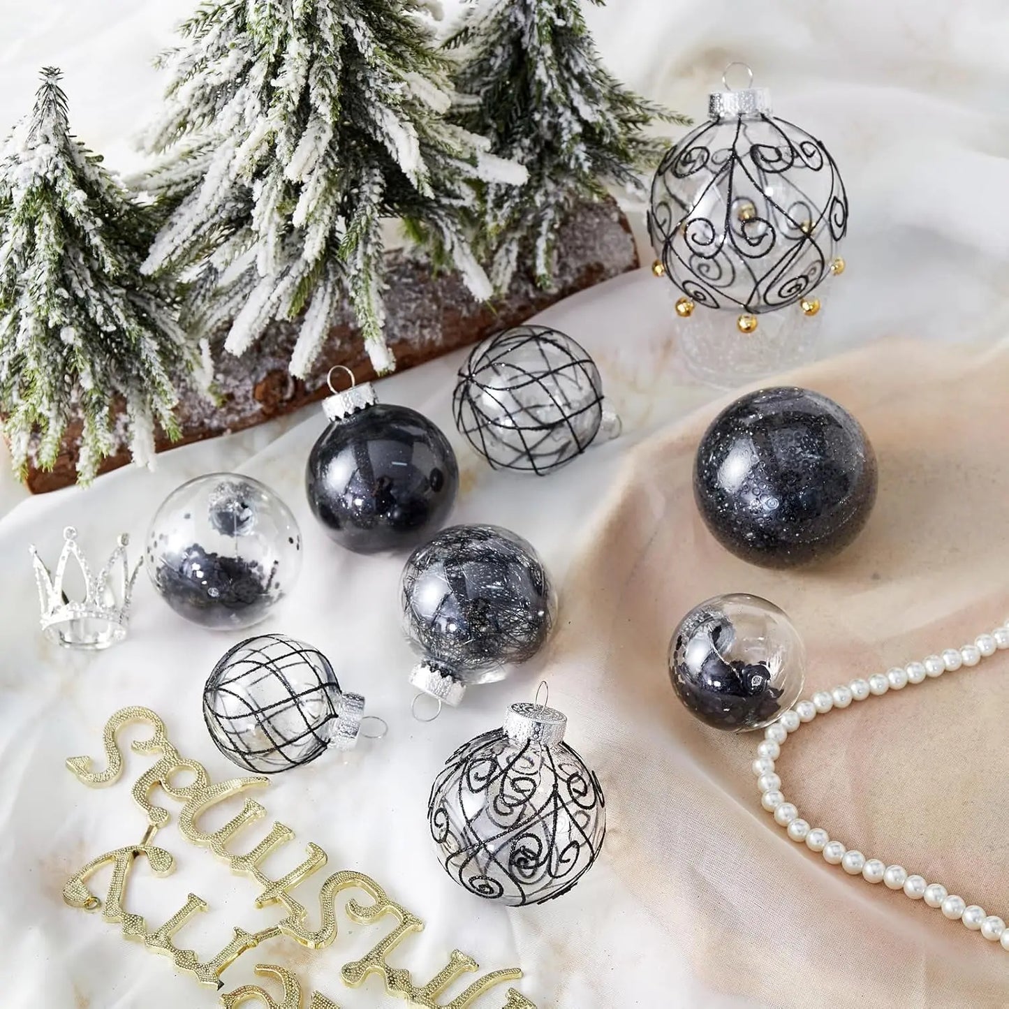 Christmas Ball Ornaments Shatterproof Clear Large Plastic Hanging Ball Decorative Baubles Set with Stuffed Delicate Decorations (Multi-Size, Black)