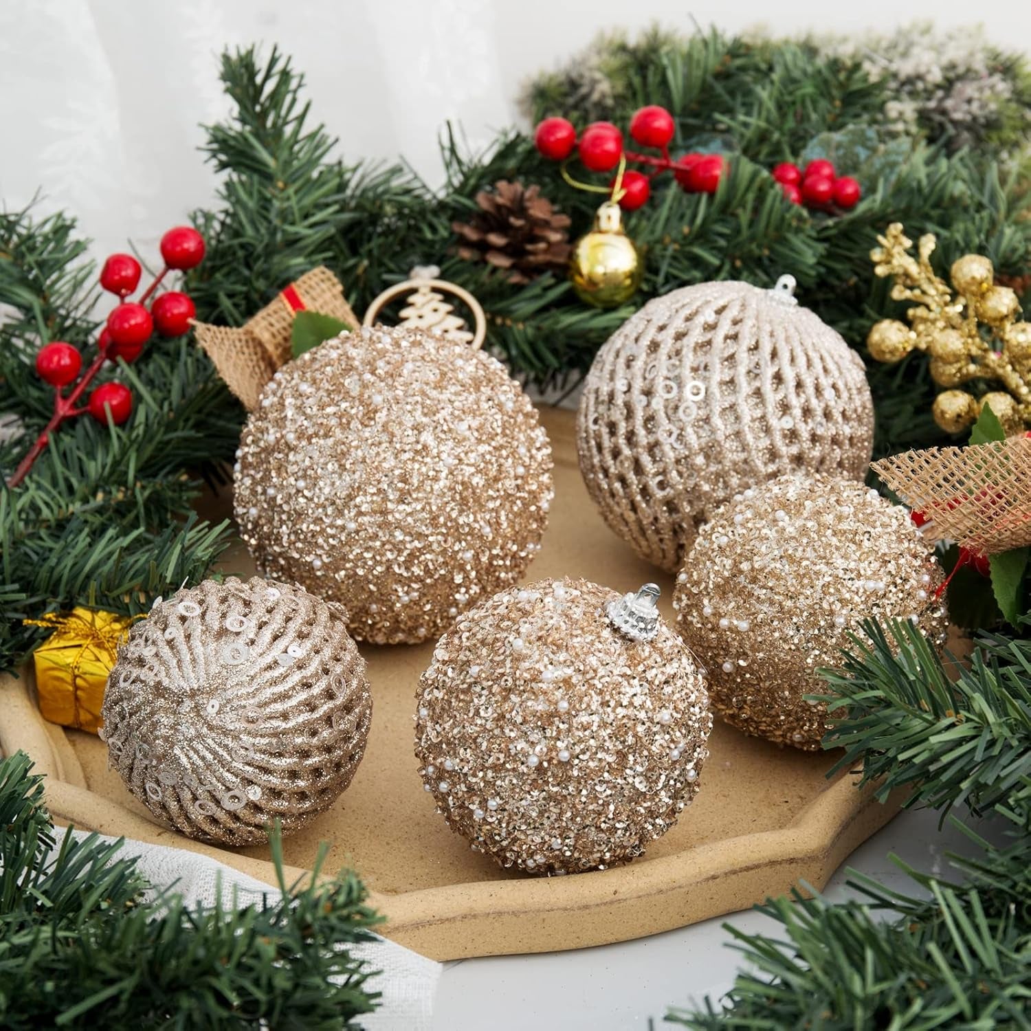 3.15" Christmas Ball Ornaments Glitter Shatterproof Christmas Tree Ornaments Sequin Xmas Hanging Balls Decorations for Wedding Party Holiday(Champagne Gold, 12Pc-8Cm)
