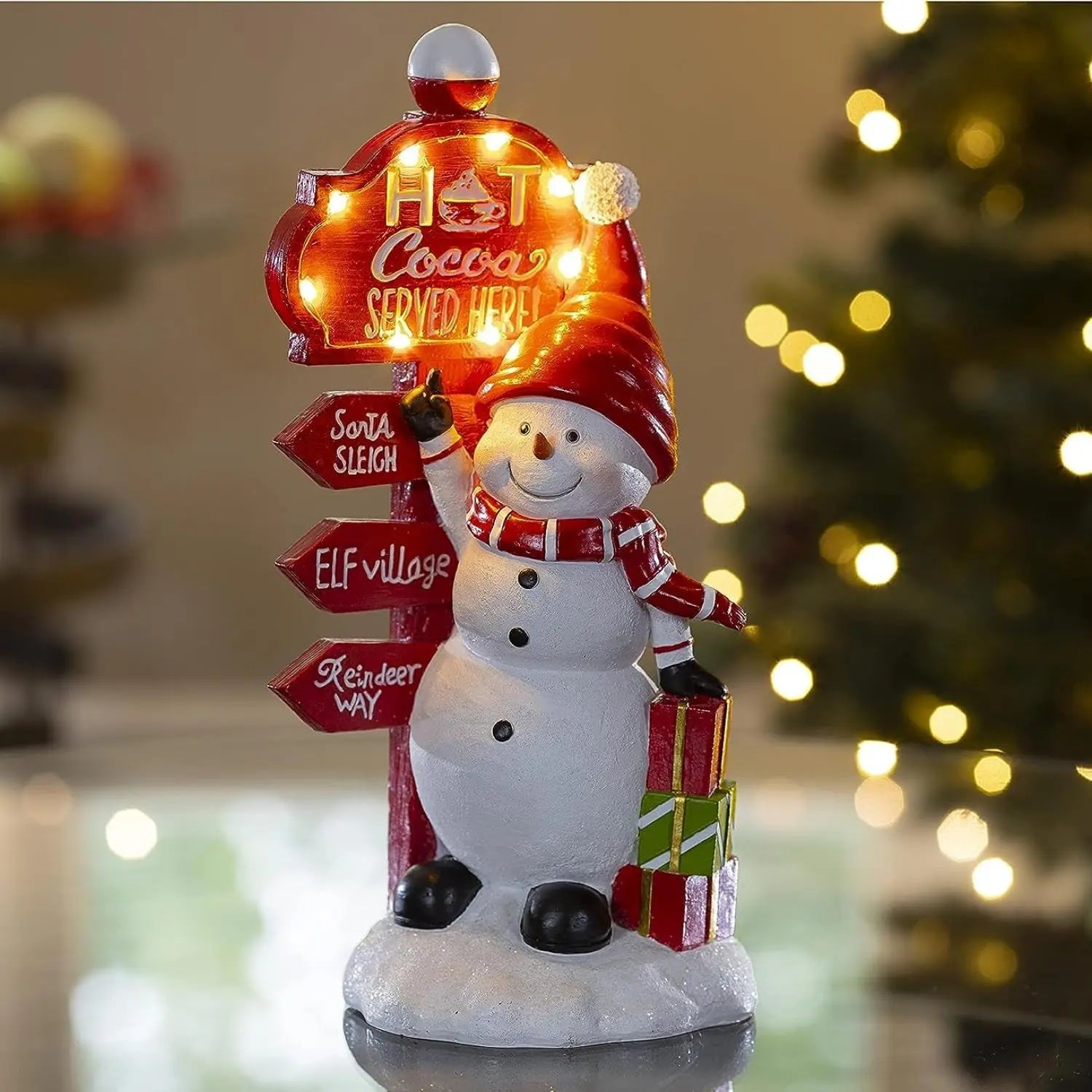 Christmas Snowman Decor with Hot Cocoa Signpost Christmas Figurines Resin Snowman Lighted Decorations LED Holiday Light up Snowman Indoor Festive Fiber Optic Decorations