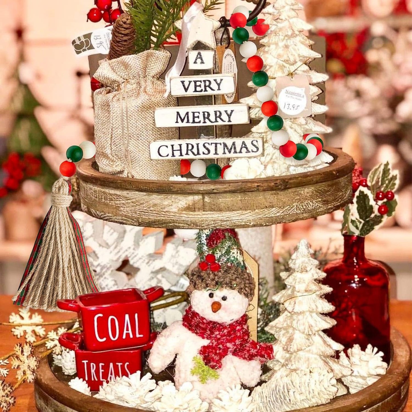 Christmas Wood Beads Garland, 41’’ Xmas Wood Bead Garland Tassel Classical Green&Red Garland Winter Farmhouse Rustic Beads with Jute Rope Plaid Tassel Natural Wood Beads Décor for New Year