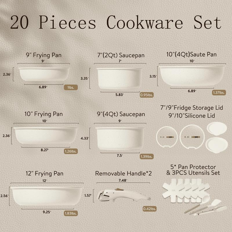 [Official] CAROTE 19/20Pcs Detachable Handle Pots and Pans Set, Nonstick Cookware Set, Kitchen Cookware Sets, RV Cookware Set, Oven Safe, Silicone Lid