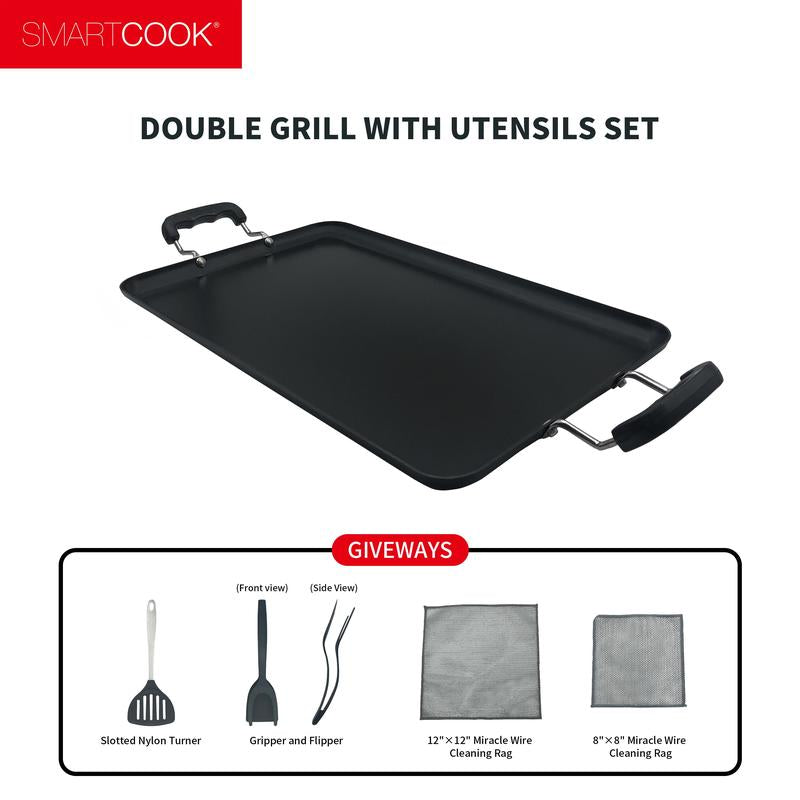 Smartcook 19" Nonstick Dual Burner Griddle & Grill Pan Set with Utensils - Durable, Versatile Cookware, Silicone Handles, Perfect for Gourmet Cooking Stove Fry