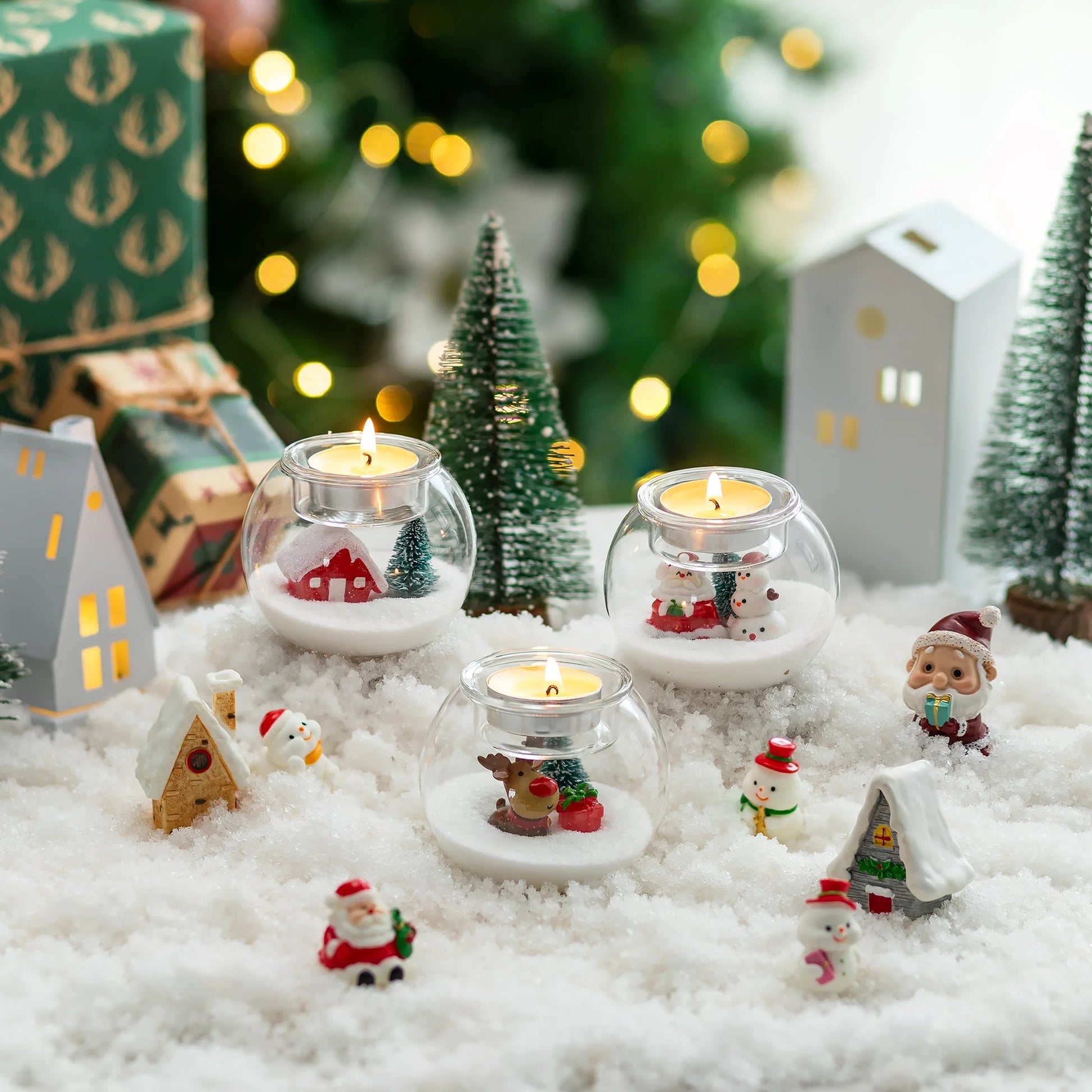 Set of 3 Santa Claus Tealight Candle Holders: Christmas Decor with Red Hat White Beard Festive Tabletop Decorations Holiday Gift