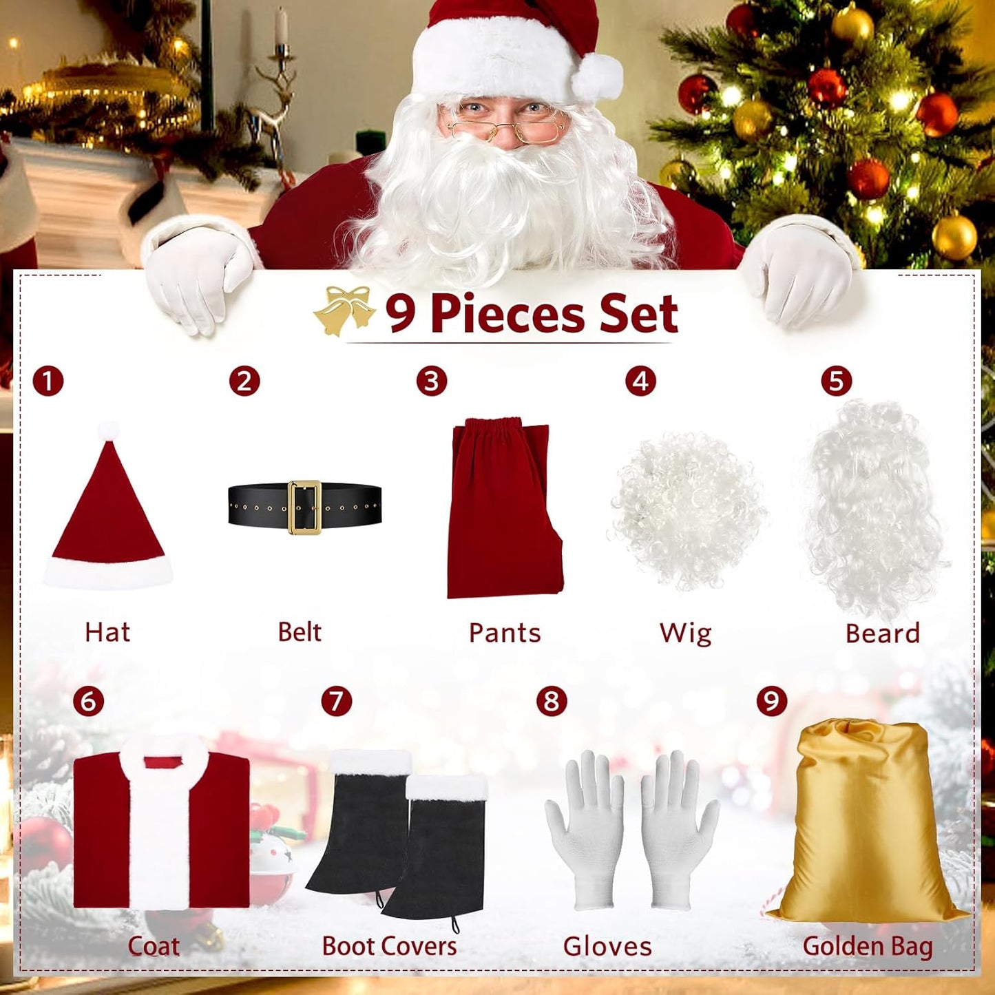 Men'S Santa Claus Costume 9PCS Santa Costume Deluxe Set - Adult Christmas Santa Suit Outfit