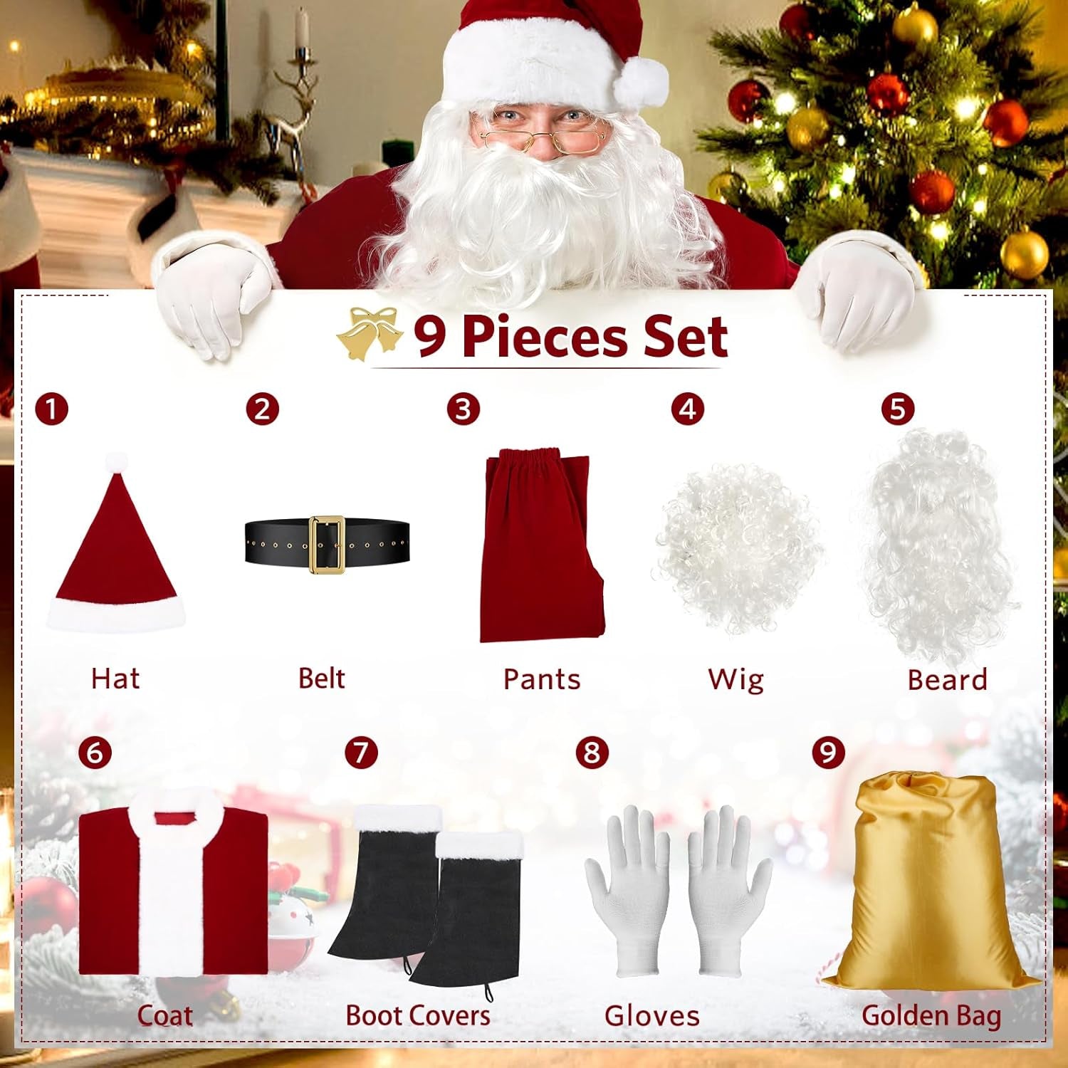 Men'S Santa Claus Costume 9PCS Santa Costume Deluxe Set - Adult Christmas Santa Suit Outfit