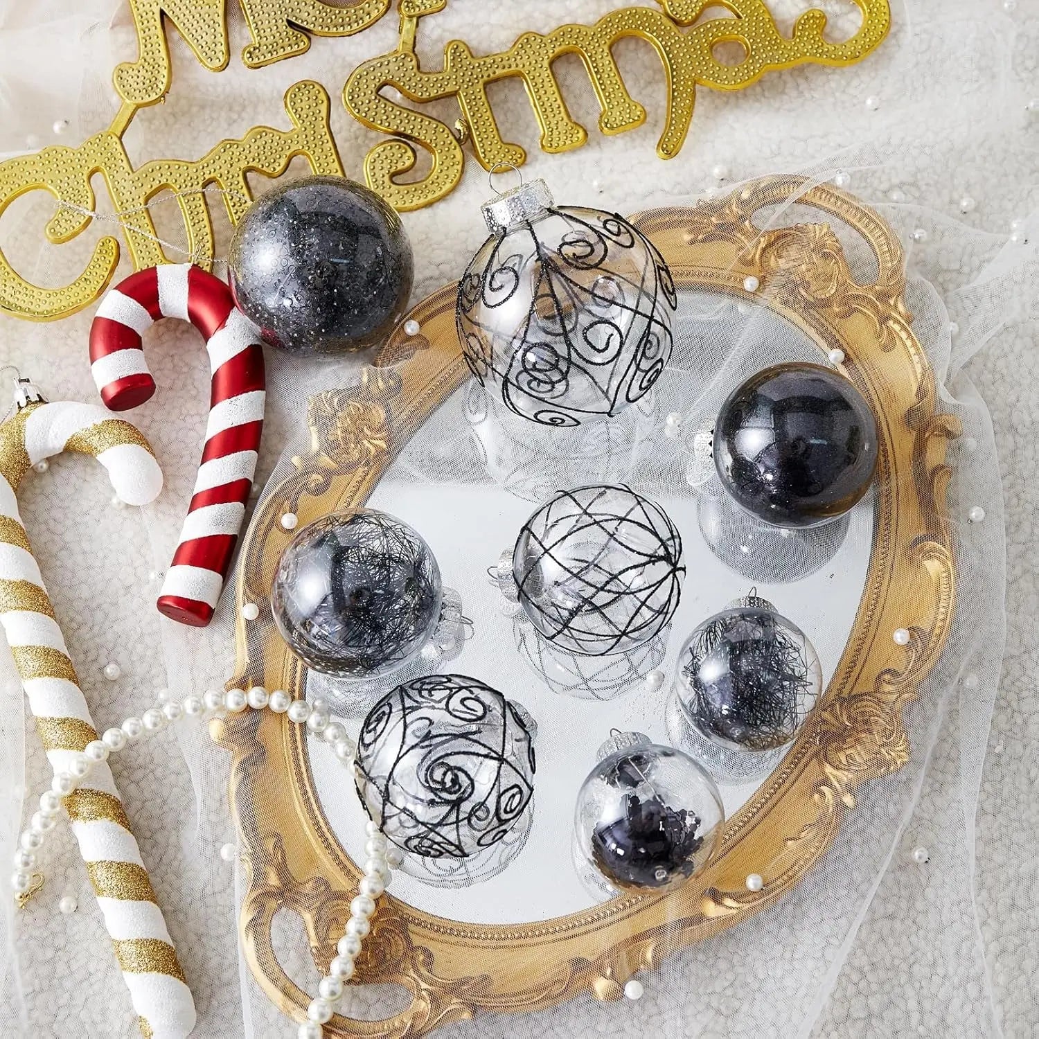 Christmas Ball Ornaments Shatterproof Clear Large Plastic Hanging Ball Decorative Baubles Set with Stuffed Delicate Decorations (Multi-Size, Black)