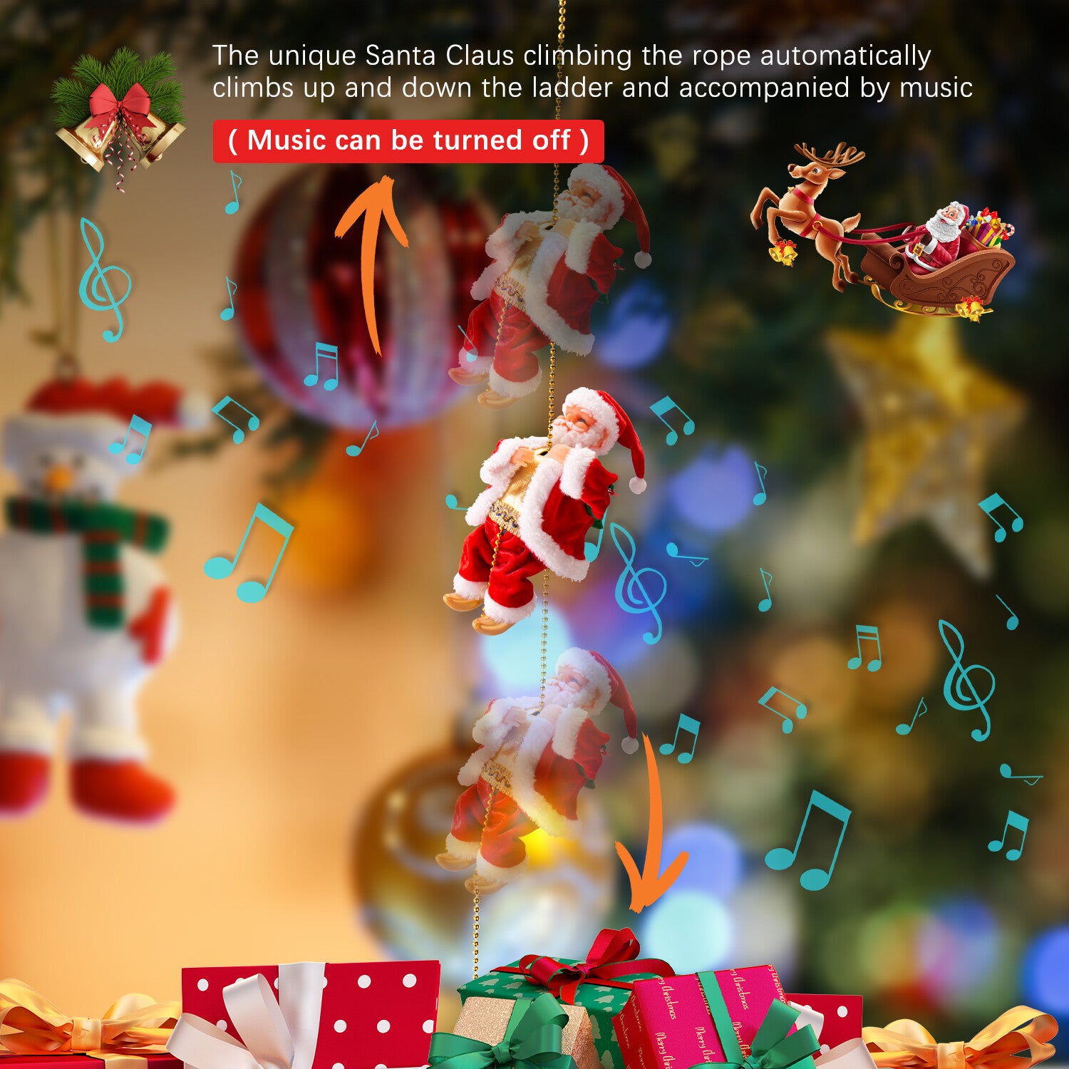 Electric Christmas Santa Claus Climbing Rope Ladder Musical Toy Xmas Gift Decor