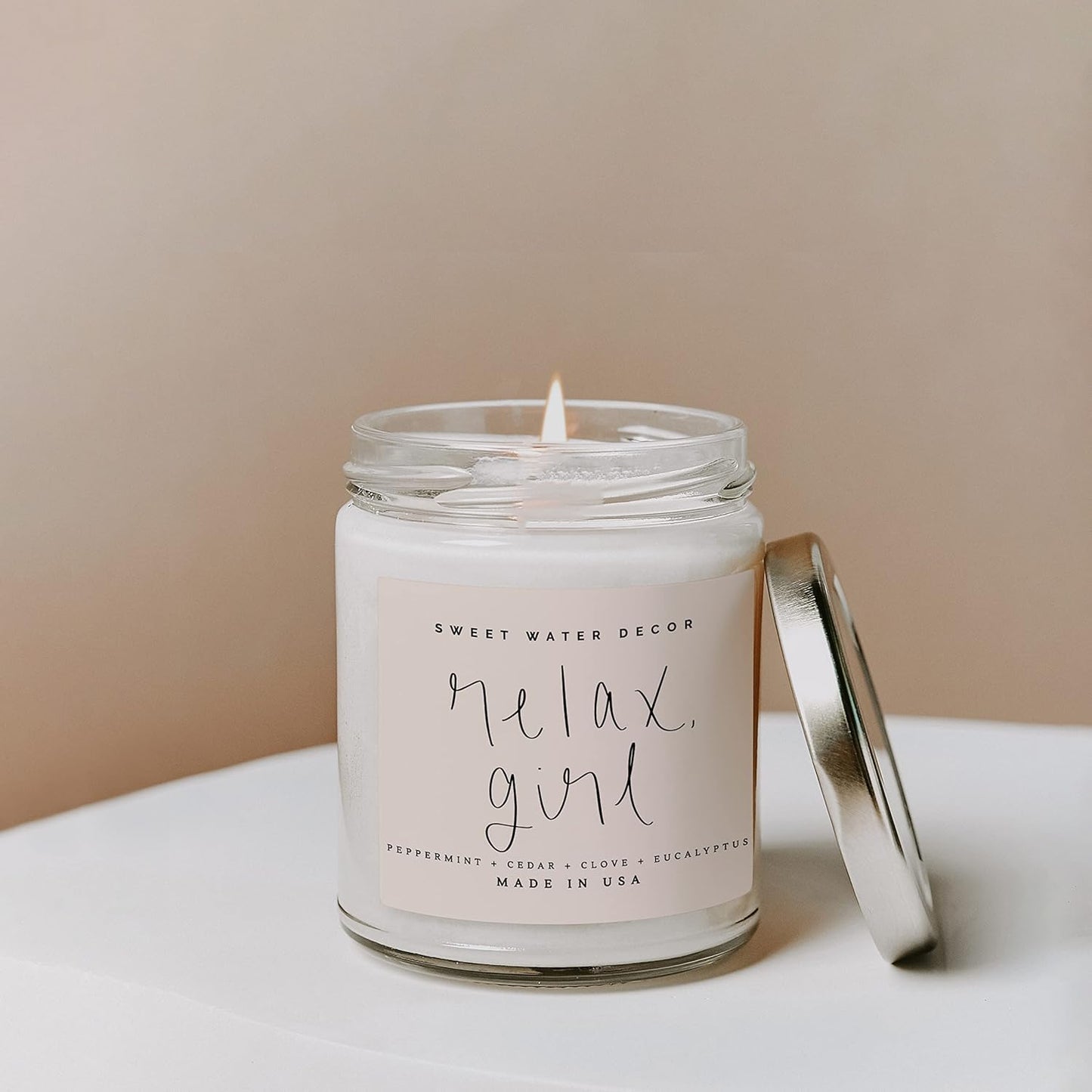 Relax Girl, Peppermint, Cedar, Clove, and Eucalyptus Scented Soy Wax Candle for Home | 9Oz Clear Jar, 40 Hour Burn Time, Non Toxic, Made in the USA