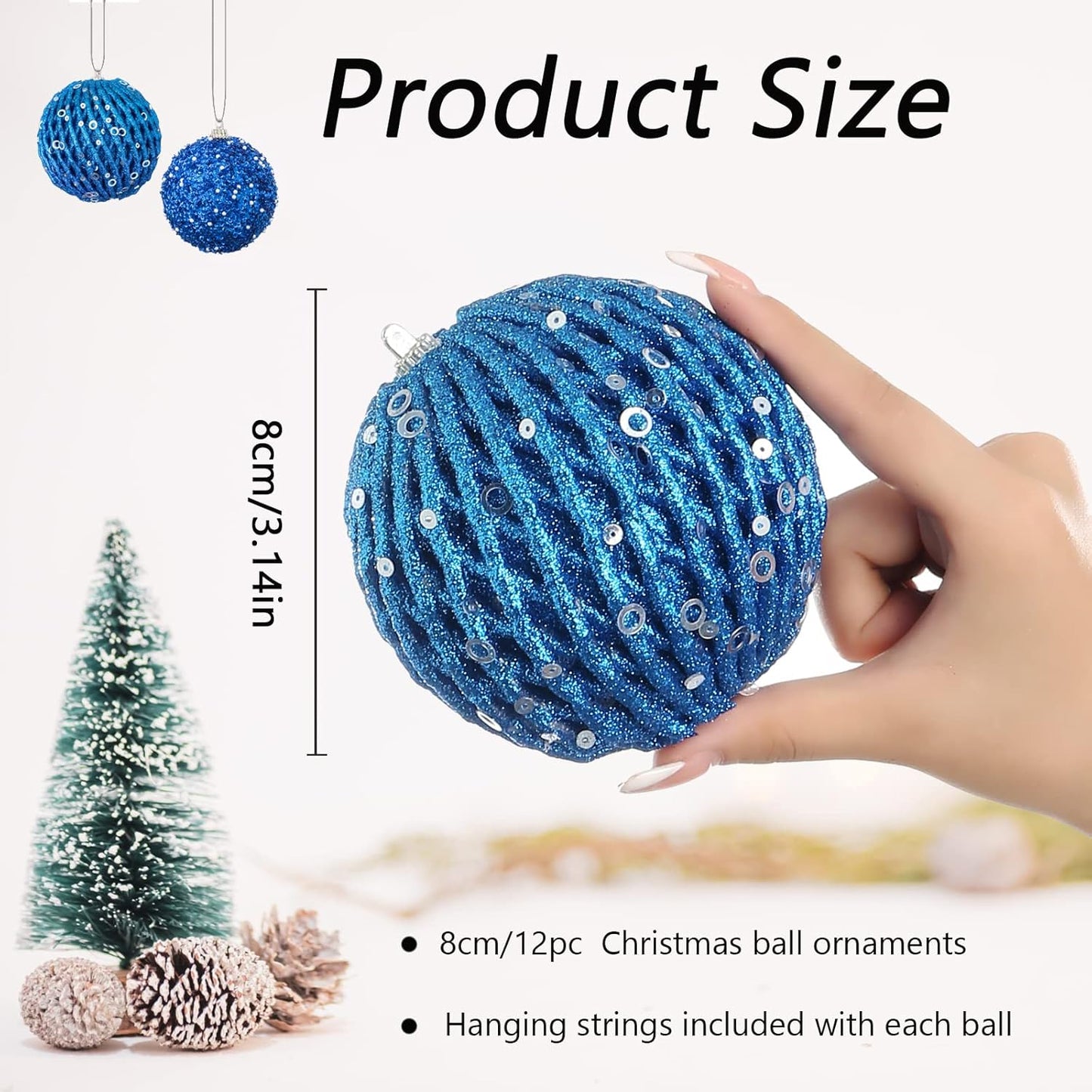 3.15" Christmas Ball Ornaments Glitter Shatterproof Christmas Tree Ornaments Sequin Xmas Hanging Balls Decorations for Wedding Party Holiday(Sapphire, 12Pc-8Cm)