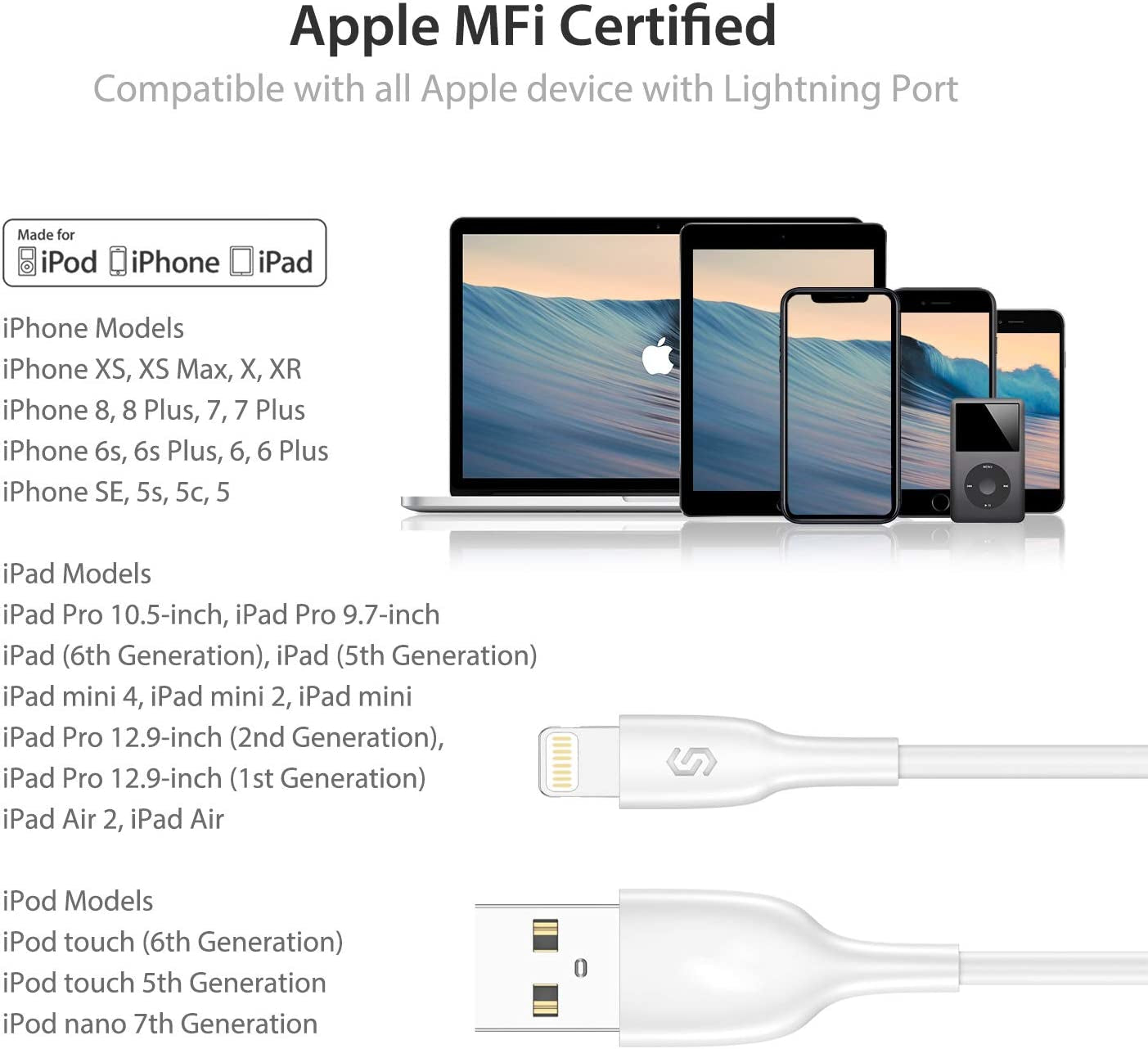Iphone Charger Lightning Cable - 3.3Ft [Apple Mfi Certified] Fast Charging & Syncing Apple Charger Cord for Iphone 11 XS Max XR X 8 plus 7 plus 6S 6 plus Se 5, Ipad Ipod - White